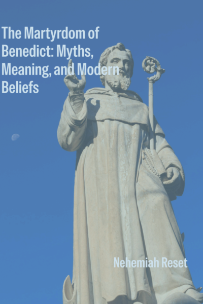Book cover with a statue of Saint Benedict set against a blue sky; title text reads 'The Martyrdom of Benedict
