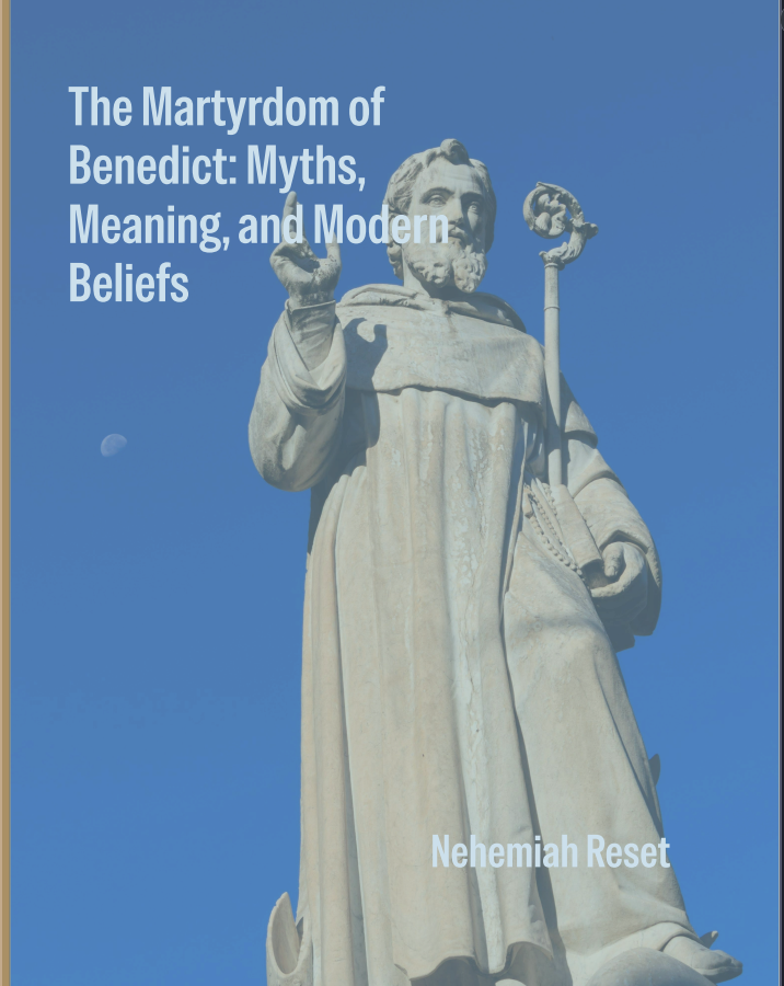 Benedict of Nursia Book cover with a statue of Saint Benedict set against a blue sky; title text reads 'The Martyrdom of Benedict