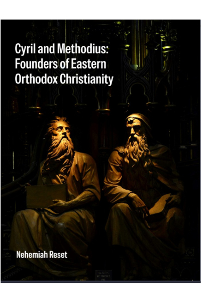 Book cover showing statues of Cyril and Methodius in a dark church