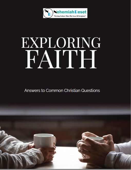 Logo and title 'Exploring Faith' with subtitle 'Answers to Common Christian Questions'; two people hold mugs at a table.