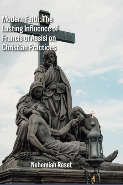 Book cover with a stone crucifix statue and mourning figures; bold white title at top