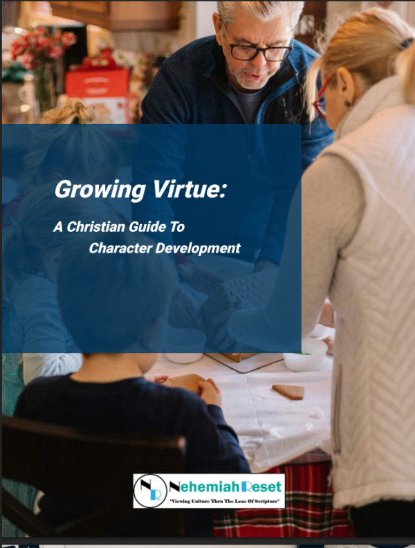 Group of people around a table engaged in a character-development activity; blue overlay shows the title 'Growing Virtue