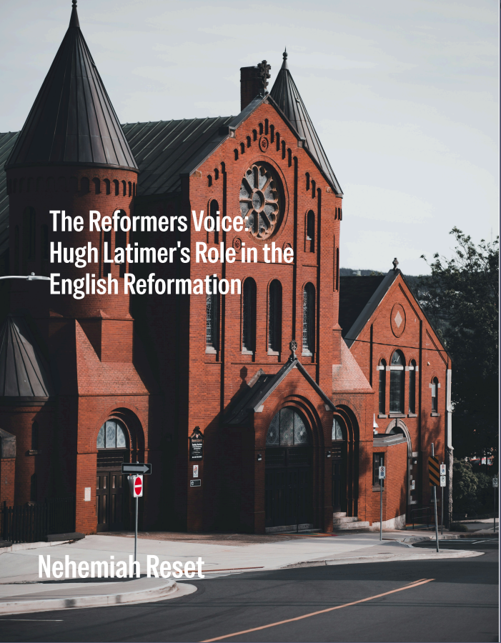 Red brick church with twin spire towers; overlay text reads 'The Reformers Voice