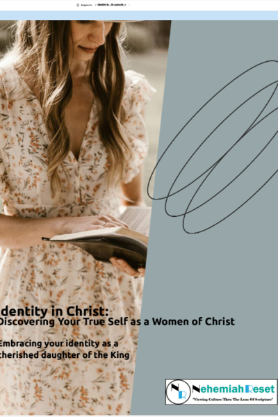 Woman in a floral dress reads a book on a flyer about identity in Christ; gray abstract panel on the right with the Nehemiah Reset logo.