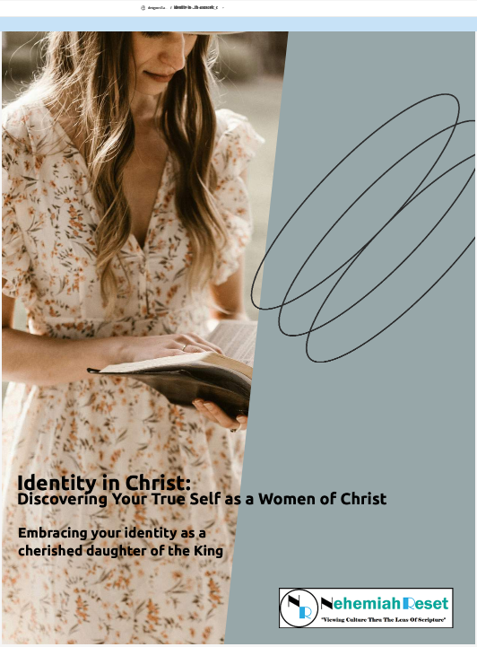 Woman in a floral dress reads a book on a flyer about identity in Christ; gray abstract panel on the right with the Nehemiah Reset logo.