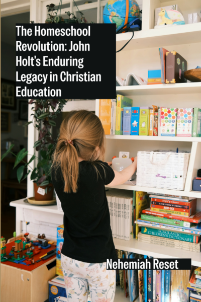 Young girl with a ponytail organizes books on a white home bookshelf filled with educational toys and a globe; overlaid article title reads 'The Homeschool Revolution