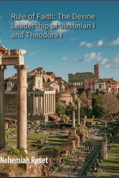 Ruined ancient city with columns and arches under a blue sky; article title about Justinian I and Theodora I