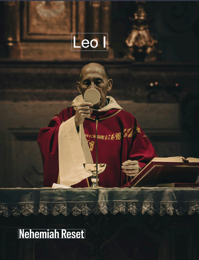 Catholic priest in red vestments elevating the Eucharist at an ornate altar; overlay reads 'Leo I' and 'Nehemiah Reset'.