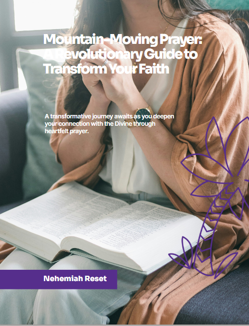 Person praying with hands clasped over an open Bible; bold title promotes Mountain-Moving Prayer guide with purple CTA.