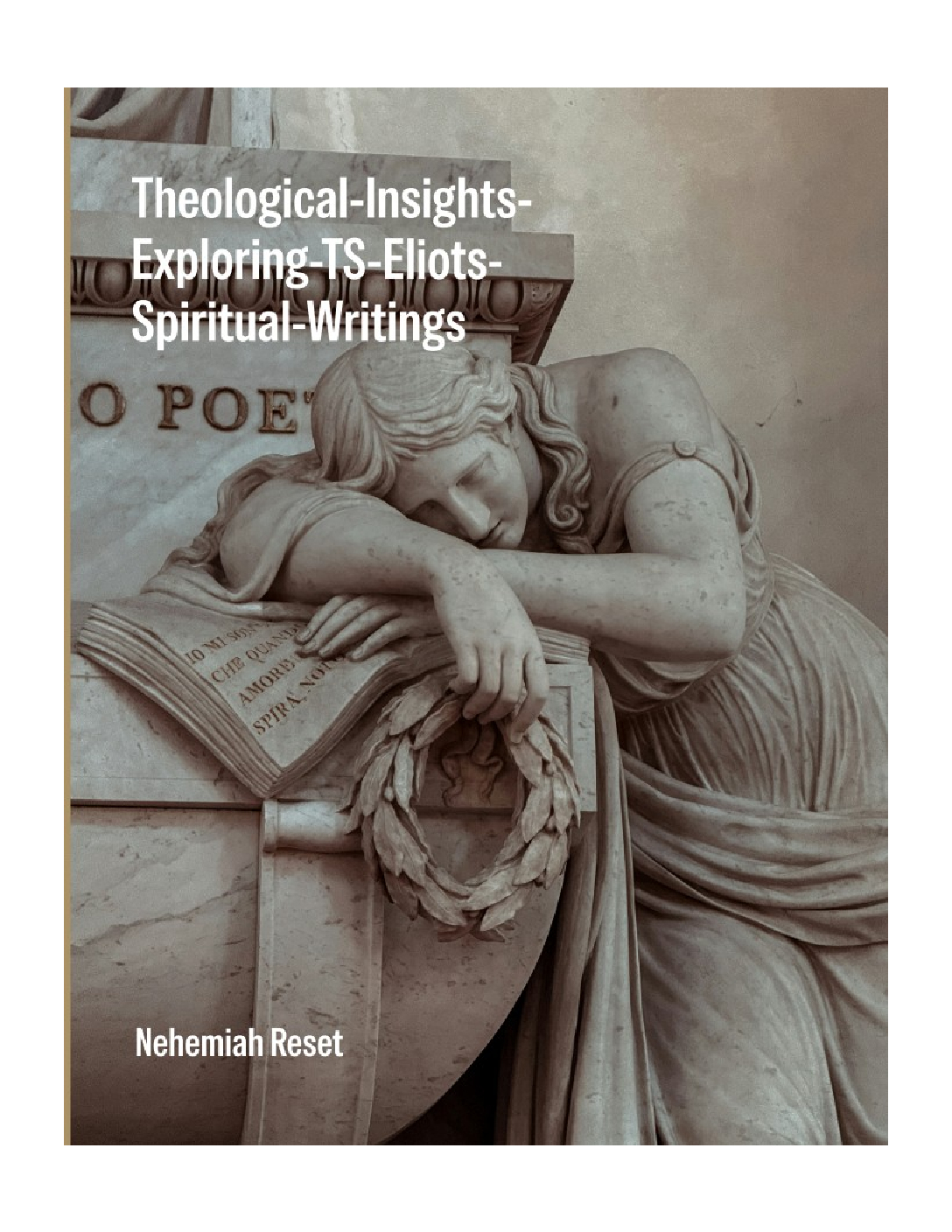 Statue of a grieving woman resting her head on a book pedestal