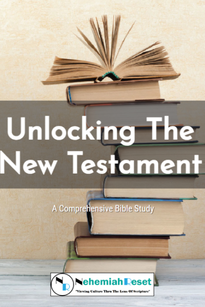 Book cover showing a stack of study Bibles with an open page on top; title reads 'Unlocking The New Testament' and subtitle 'A Comprehensive Bible Study' with publisher logo at the bottom.