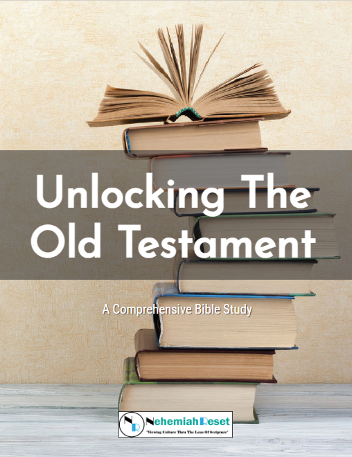 Stack of hardcover books with a translucent banner reading 'Unlocking The Old Testament' and subtitle 'A Comprehensive Bible Study'.