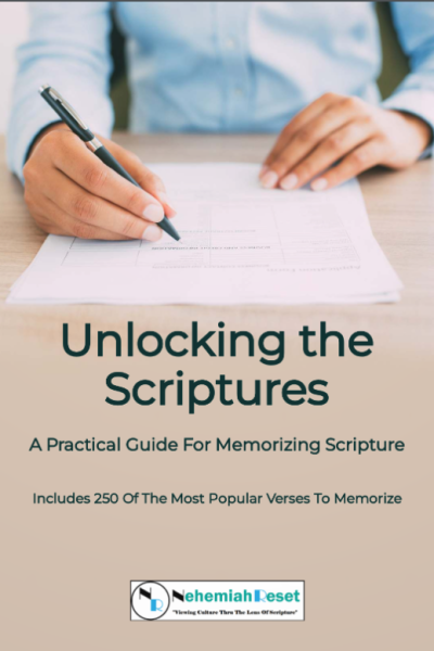 Book cover titled Unlocking the Scriptures with a person writing on a document; subtitle A Practical Guide For Memorizing Scripture.