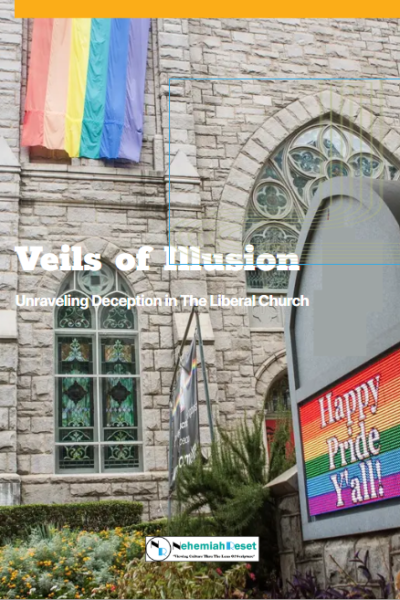 Stone church facade with a rainbow Pride flag