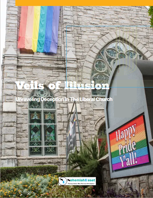 Stone church facade with a rainbow Pride flag
